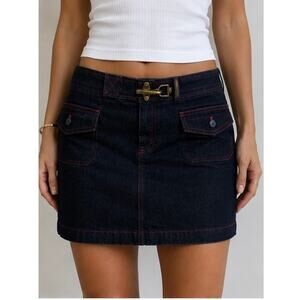 y2k Ralph Lauren Jean Skirt Sz 12 Dark Wash Pink Contrast Metal Fastener Preppy